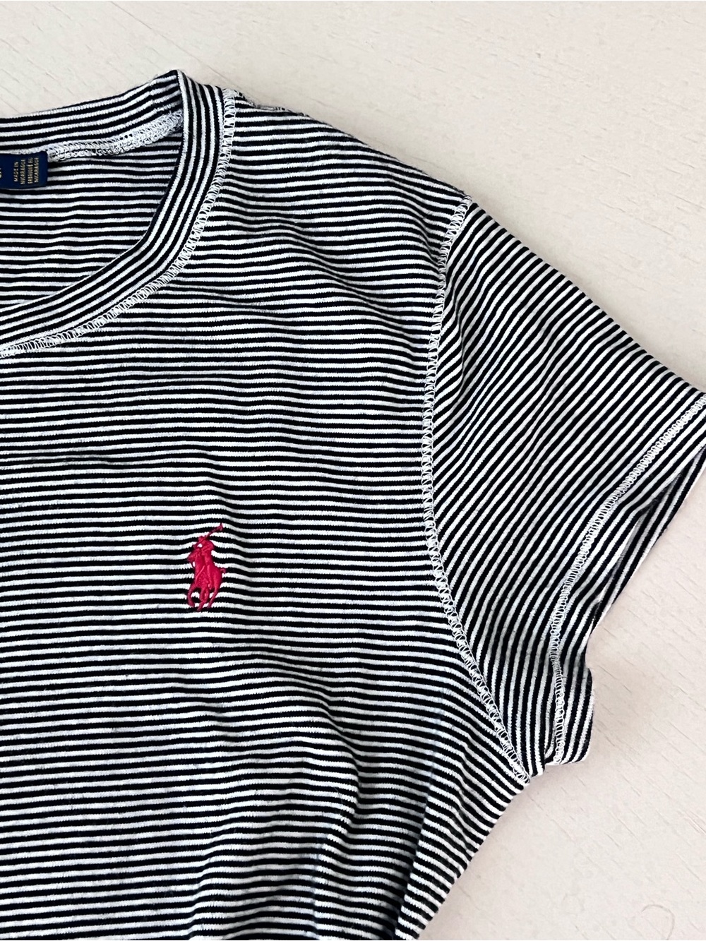 Polo by Ralph Lauren Women's Navy and White Striped Crew Tee with Red Pony - Picture 2 of 5